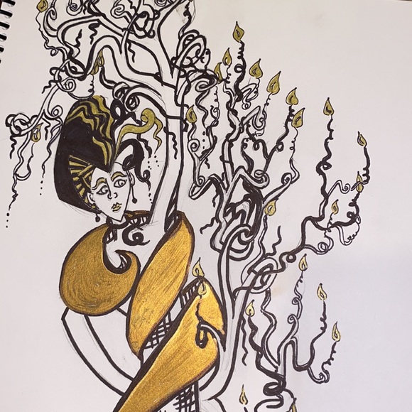 Unframed Original Art Tree Lady Drawing Illustration w Gold Metallic Highlights - Picture 4 of 6